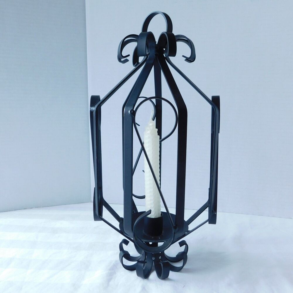 Gothic Black Wrought Iron Hanging Candle Holder Vintage MCM, Stand Scrolled EUC